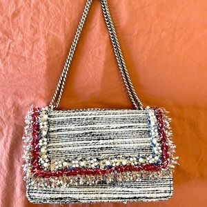 Zara Black White Tweed Pearl Embellished Satchel